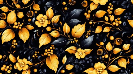 Khokhloma-style pattern with stylized folk motifs and swirling leaves, perfect for authentic textile prints and traditional surface design.