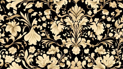 Khokhloma-style pattern with stylized folk motifs and swirling leaves, perfect for authentic textile prints and traditional surface design.