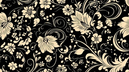 Khokhloma-style pattern with stylized folk motifs and swirling leaves, perfect for authentic textile prints and traditional surface design.