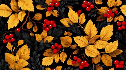 Khokhloma-style pattern with stylized folk motifs and swirling leaves, perfect for authentic textile prints and traditional surface design.