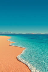 A tropical beach with fine white sand and calm turquoise water, a wide clear blue sky with no clouds, empty space at the top for text, horizon line clearly visible, centered composition, minimalistic 