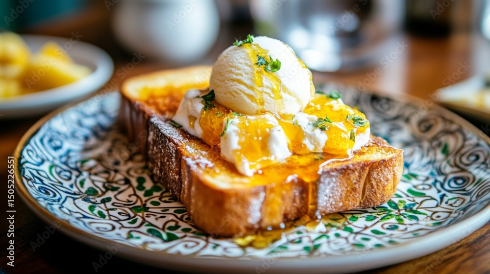 Poster an artistic arrangement of honey toast served on a patterned plate, with a scoop of ice cream meltin