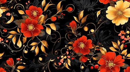 Khokhloma-style pattern with stylized folk motifs and swirling leaves, perfect for authentic textile prints and traditional surface design.
