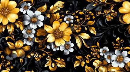 Khokhloma-style pattern with stylized folk motifs and swirling leaves, perfect for authentic textile prints and traditional surface design.