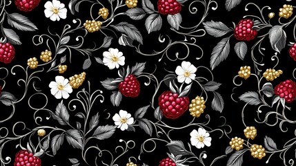 Khokhloma-style pattern with stylized folk motifs and swirling leaves, perfect for authentic textile prints and traditional surface design.