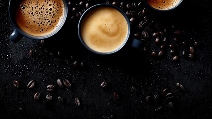 Three cups of coffee surrounded by coffee beans on a textured black surface, creating a dark and moody ambiance - Powered by Adobe