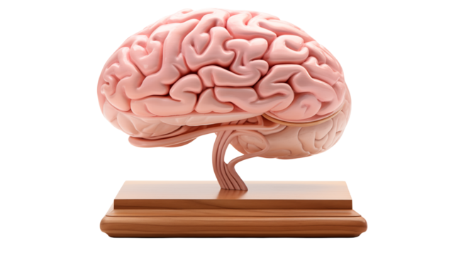 Detailed Human Brain Model on Wooden Stand, Anatomy Study on white and transparent Background