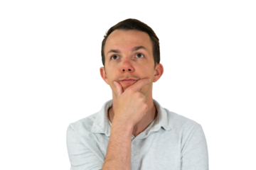 Thoughtful man looking up while resting chin on hand symbolizing imagination or reflection. Isolated portrait. Transparent png.