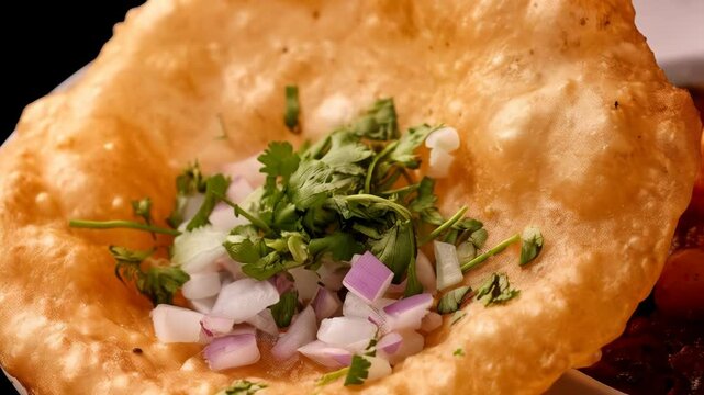 Close-up of Bhatura and Chole, deep fried bread with spicy chickpea curry, topped with cilantro and onion, on a white plate, Indian cuisine