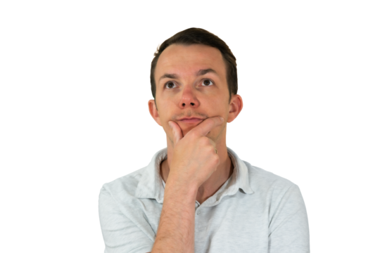 Thoughtful man looking up while resting chin on hand symbolizing imagination or reflection. Isolated portrait. Transparent png.