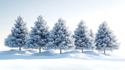 Winter landscape featuring evergreen trees covered in snow on a white background high resolution image