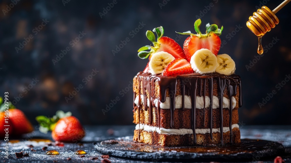 Poster an artistic shot of honey toast with a thick layer of nutella, topped with sliced strawberries and b