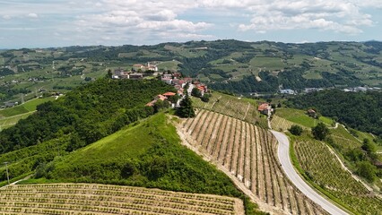Springtime panorama,  taken by drone, of the hills covered by vineyards, in the vinery region of Langhe (Piedmont, Northern Italy). This area is UNESCO site since 2014 and famous for its red wines.