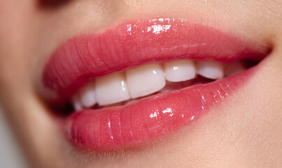Naklejka premium A picture of a woman's lips smiling beautifully, showing clean, healthy, beautiful white teeth.