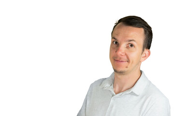 Smiling man looking over shoulder in playful manner symbolizing curiosity or interaction. Isolated portrait. Transparent png.