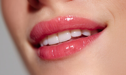 A picture of a woman's lips smiling beautifully, showing clean, healthy, beautiful white teeth.