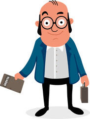 Cartoon character of old businessman holding a briefcase and document vector illustration.