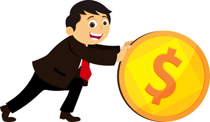 Cartoon character of young businessman pushing coin vector illustration.