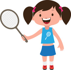 Cartoon Happy Child Badminton Girl Character Vector Illustration.