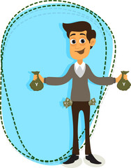 Cartoon Businessman Holding Money Bags Against Light Blue Background.