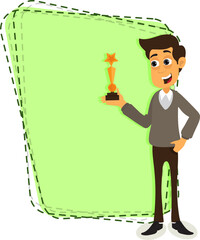 Cartoon Businessman Holding a Golden Trophy of Award Vector Illustration.