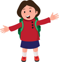 Cartoon Happy School Girl with Backpack and Spread Her Arms Vector Illustration.