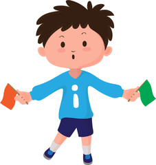 Cartoon little boy holding green and orange sign flags vector illustration.