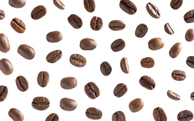 Roasted coffee beans. Scattered coffee beans on a white background with clipping paths. Close up image.