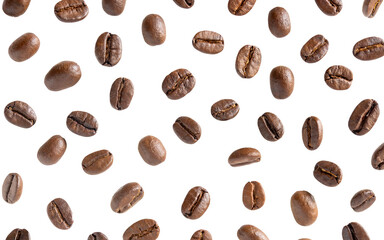 Roasted coffee beans. Scattered coffee beans on a white background with clipping paths. Close up image.