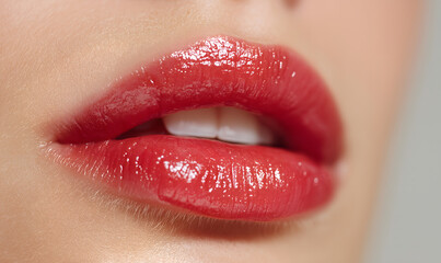 A picture of a woman's lips smiling beautifully, showing clean, healthy, beautiful white teeth.