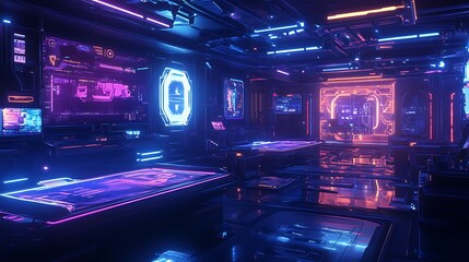 Obraz premium Exploring Futuristic Control Room with Glowing Neon Displays
