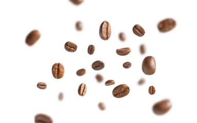 Coffee beans levitate. Roasted coffee beans flying on white background with clipping path. Close up image.