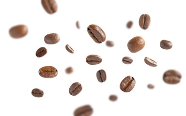 Coffee beans levitate. Roasted coffee beans flying on white background with clipping path. Close up image.
