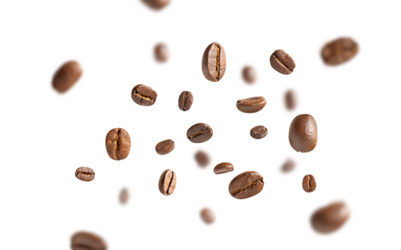 Coffee beans levitate. Roasted coffee beans flying on white background with clipping path. Close up image.