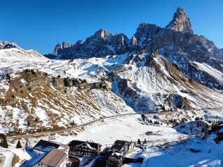 Aerial view of Passo Rolle on a beautiful winter day