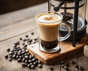 Espresso Shot in Small Glass on Rustic Wooden Table with Coffee Beans and French Press in Background