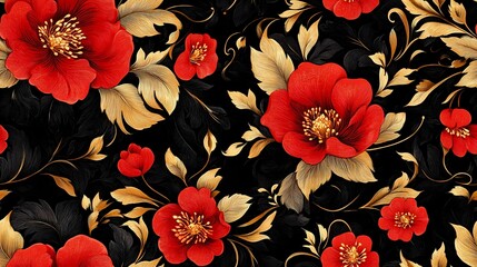 Ornamental Russian folk pattern in Khokhloma art style, suitable for wallpaper, fabric textures, and cultural visual storytelling.