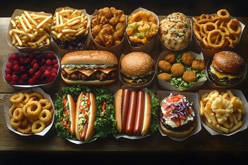 Abundant fast food assortment featuring burgers, hotdogs, fries,