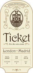 Retro train ticket template with vintage typography and ornate design. Use for excursion routes, retro parties and clubs and other projects. Vector, can be used for printing.