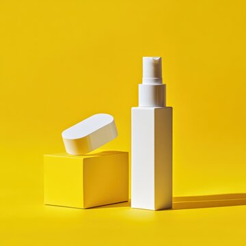 Clean branding concept with blank skincare packaging on vibrant yellow --v 6.1 Job ID: b5793765-18cf-4e7e-b498-b34bb3dfd3a1
