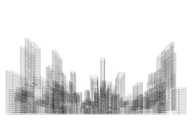3D wireframe perspective of building. Abstract wireframe city background for template design. Illustration graphic.