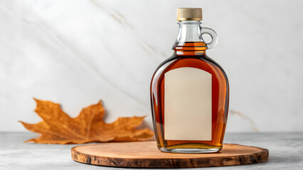 Blank label mockup of glass maple syrup bottle on wooden board with dry maple leaf and marble background for product presentation or packaging concept