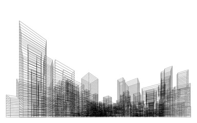 3D wireframe perspective of building. Abstract wireframe city background for template design. Illustration graphic.