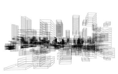 3D wireframe perspective of building. Abstract wireframe city background for template design. Illustration graphic.