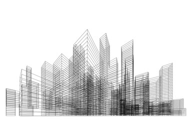 3D wireframe perspective of building. Abstract wireframe city background for template design. Illustration graphic.