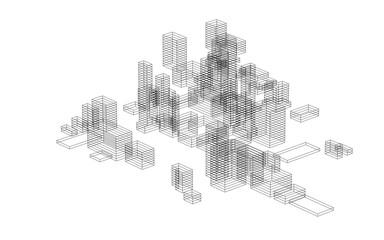Abstract geometric wireframe in linear style. Matrix cubes pattern background for architectural template design. Schematic design idea of box and space. Illustration graphic.