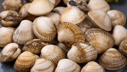A close-up view of a pile of fresh cockles, a seafood delicacy, ready for cooking or serving. The shells showcase natural patterns.