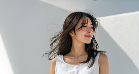 美しい髪が靡いているアジア人女性