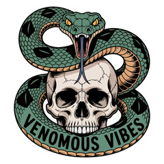 A venomous snake coiled around a skull, symbolizing dangerous energy. vector illustration design