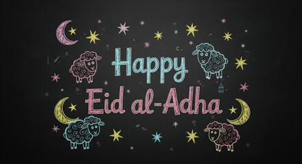 Greeting card for Eid al-Adha celebration with illustration of symbols